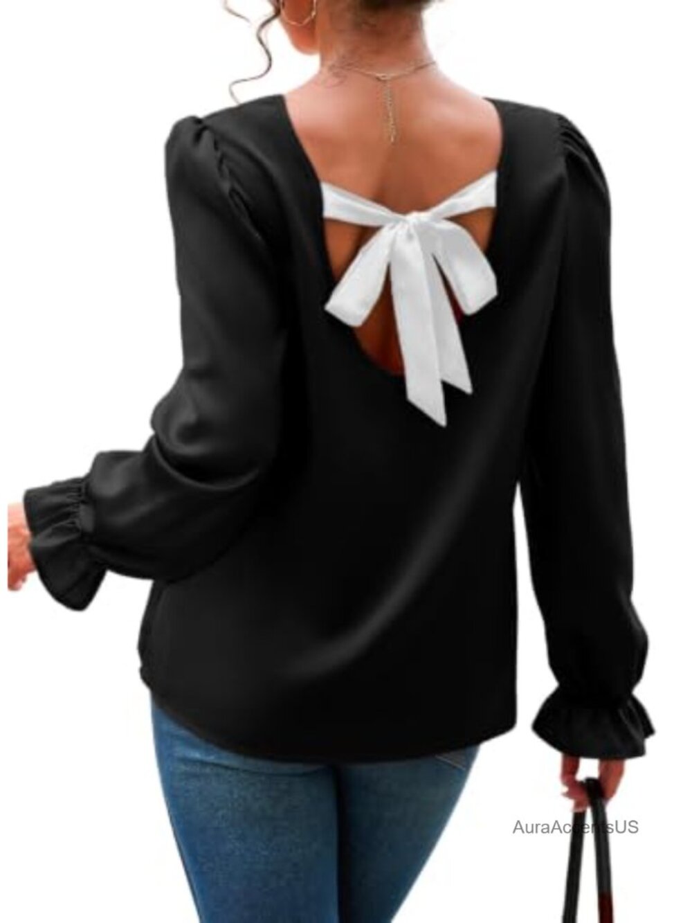 Women's Satin Blouse with Bow Tie Back and Ruffle Sleeves